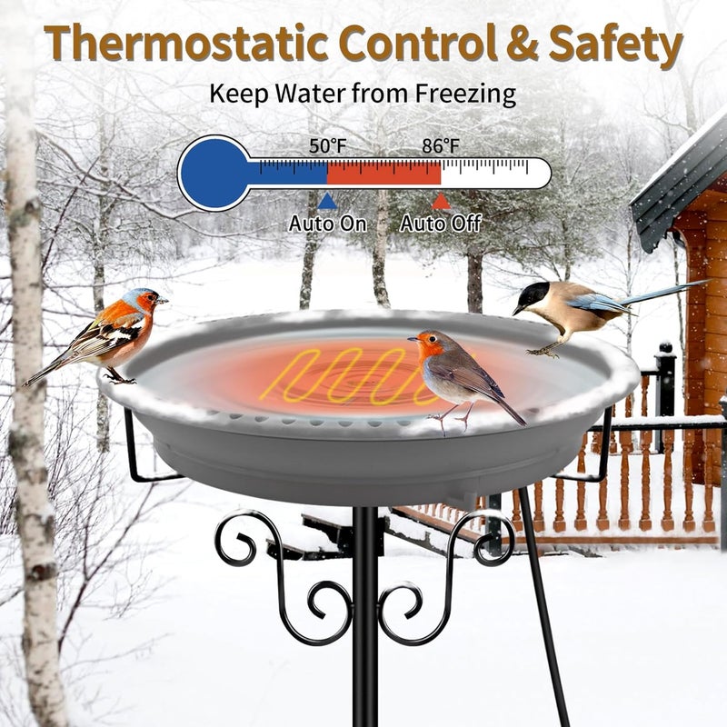 Lovppy Heated Bird Bath, 100W Thermostatically Controlled Heated Bird Baths for Outdoors Bird Bath Heater with Metal Stake, Heated Bird Bath for Outside Winter Garden Patio Yard Lawn (Gray) - Image 3